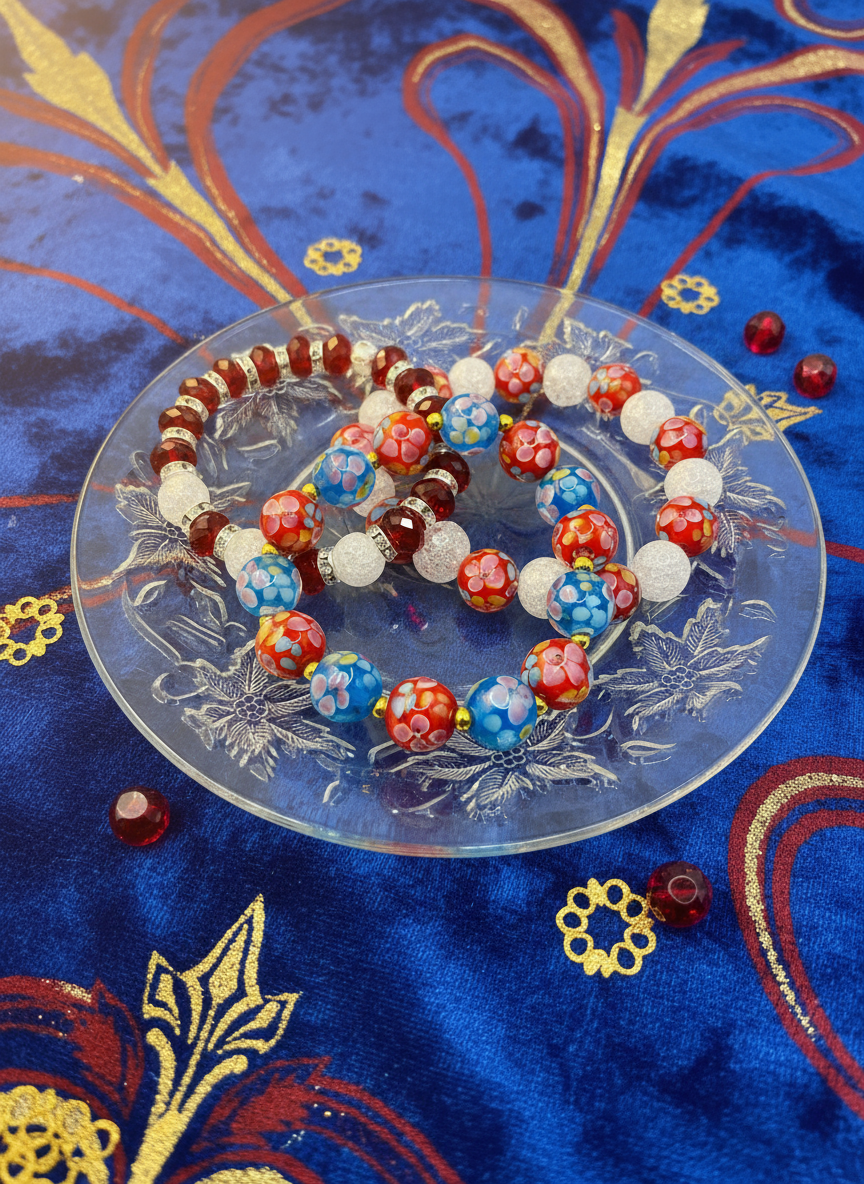 Red Blue Floral Lampwork Murano Bracelet - Enhanced