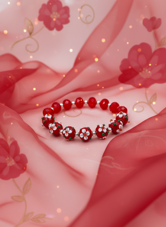Red Floral Lampwork Crystal Bracelet - Enhanced