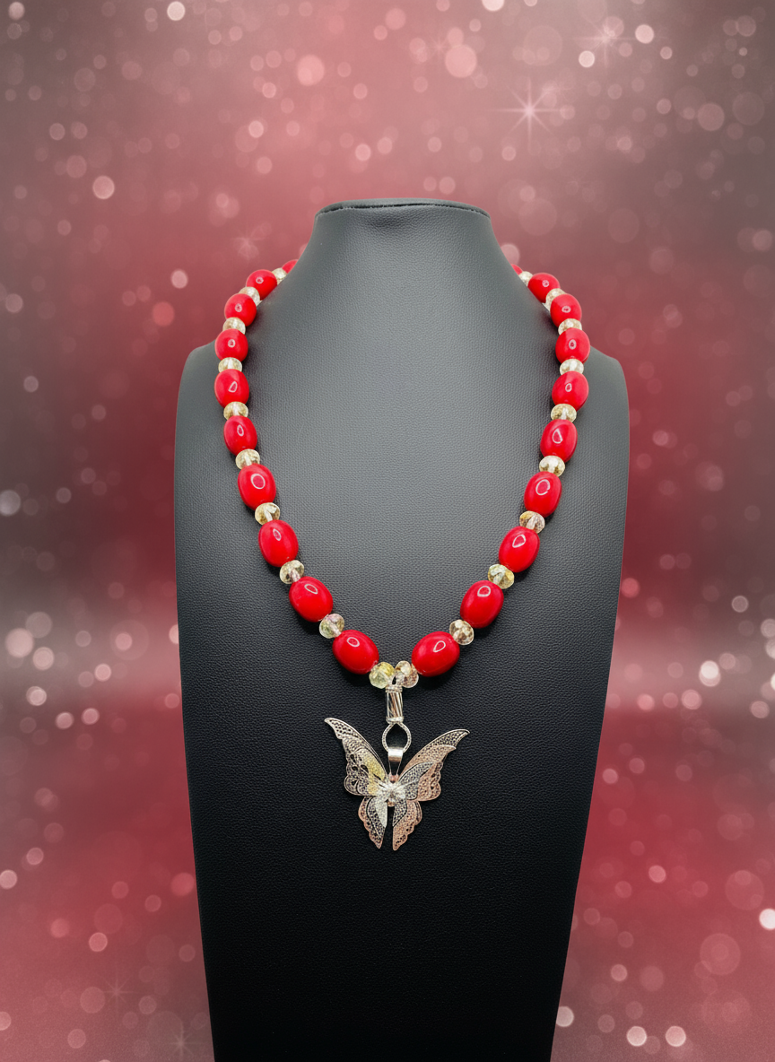 Red Jade Butterfly Necklace - Enhanced Background