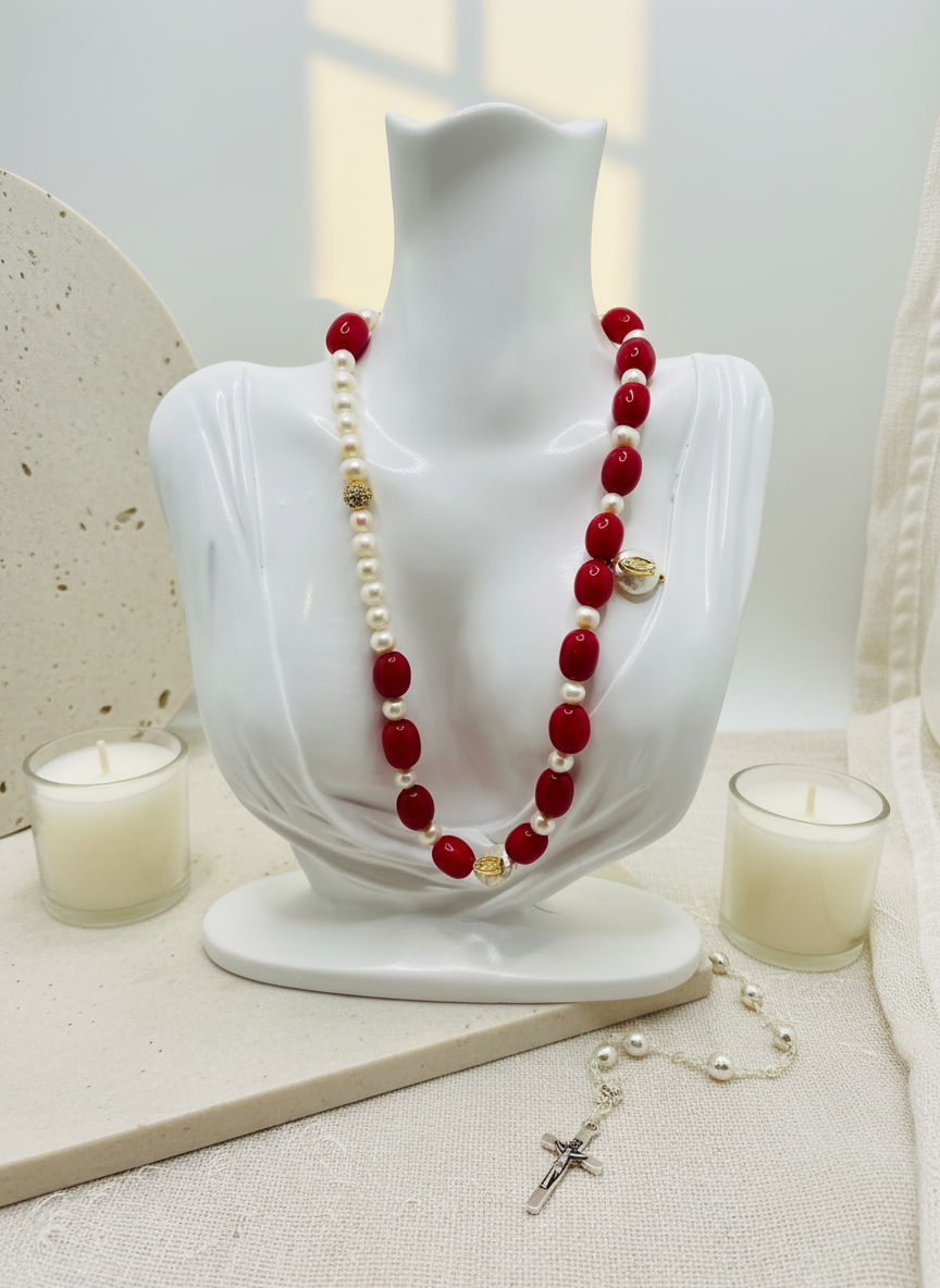 Red Jade Pearl Virgin Mary Necklace Enhanced