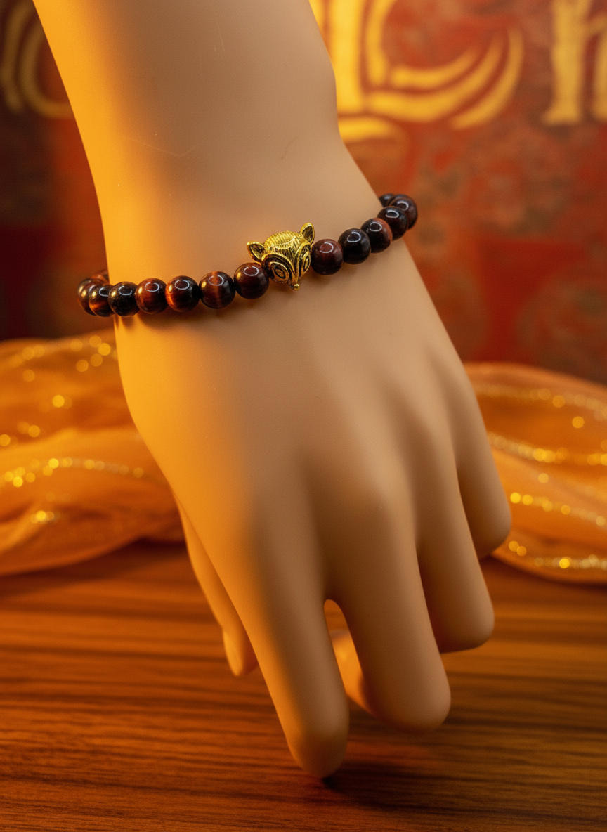 Red Tigers Eye Fox Charm Bracelet Enhanced