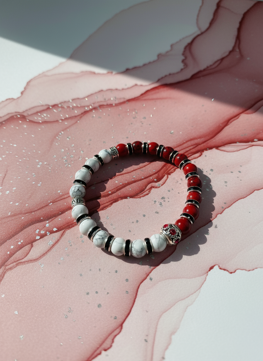 Red Turquoise Howlite Silver Rhinestone Bracelet - Enhanced