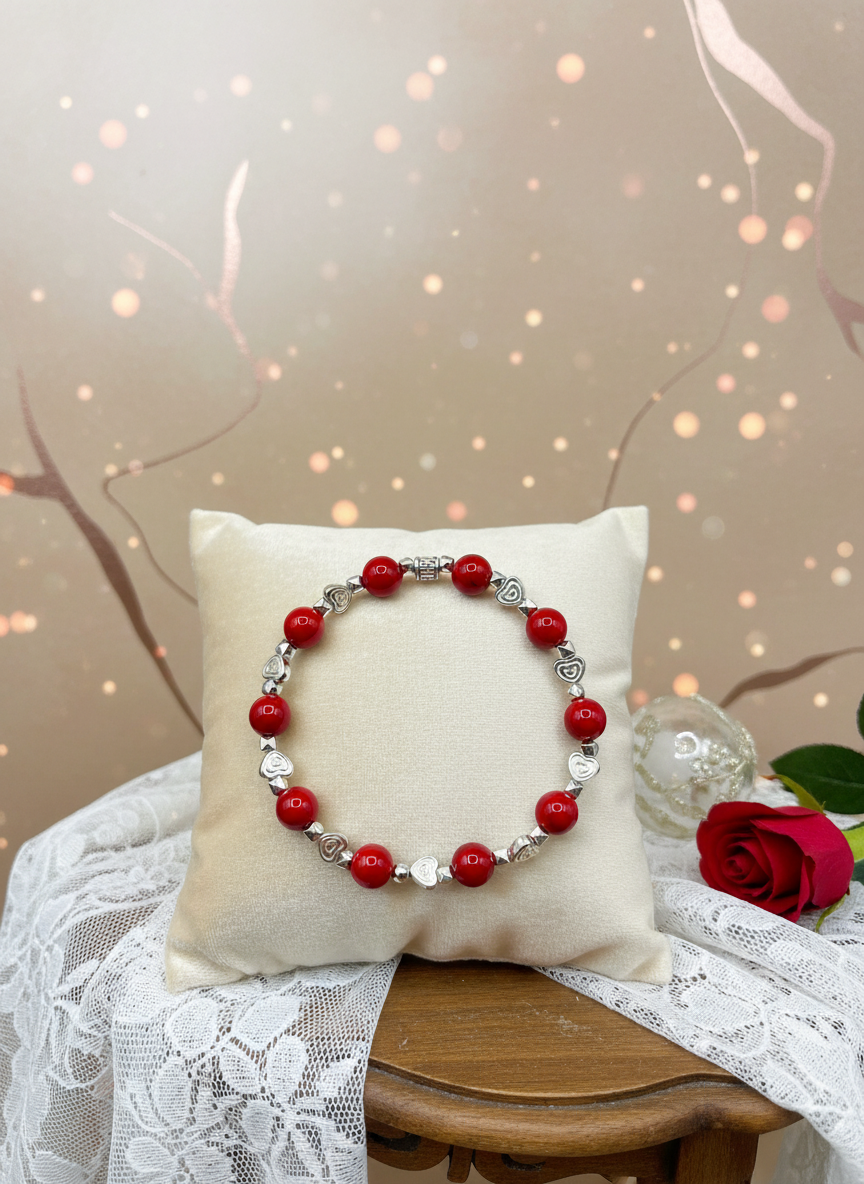 Red Turquoise White Gold Heart Charms Bracelet - Enhanced