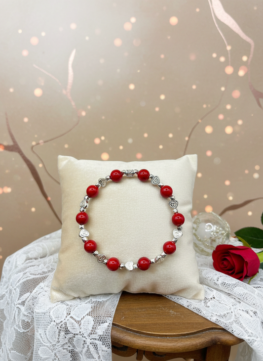 Red Turquoise White Gold Heart Charms Bracelet - Enhanced