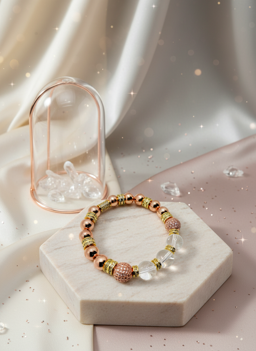 Rose Gold Plated Hematite Clear Quartz Cubic Zirconia Bracelet - Enhanced