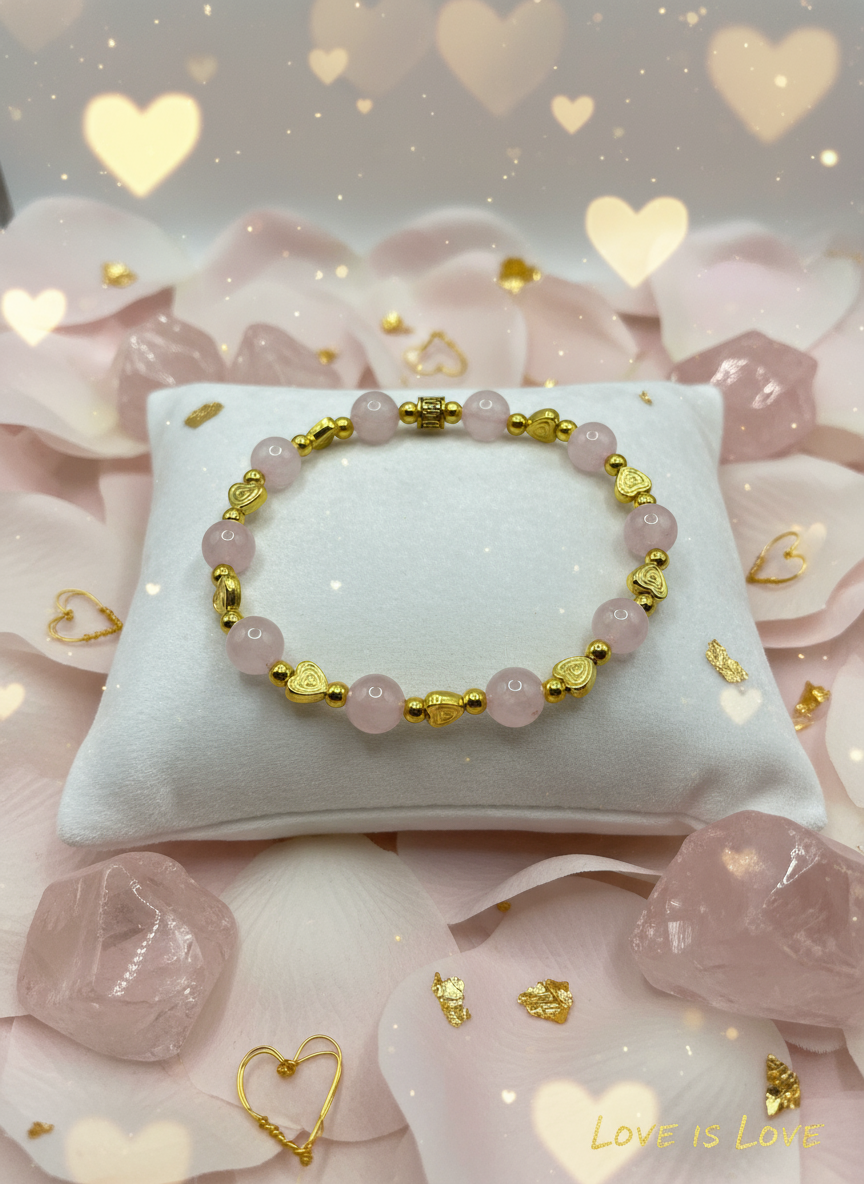 Rose Quartz 18k Gold Heart Bracelet - Enhanced