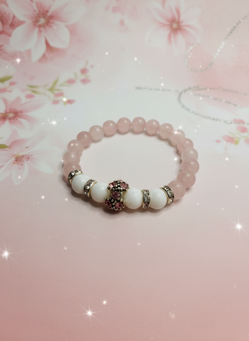 Rose Quartz Agate Silver Charm Bracelet - Enhanced