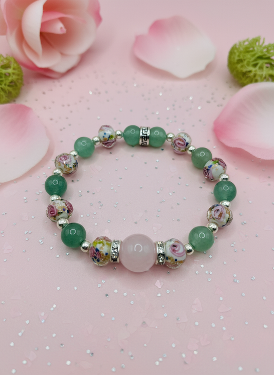 Rose Quartz Green Aventurine Lampwork Bracelet - Enhanced