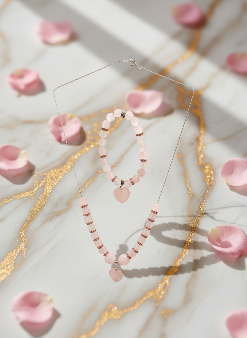 Rose Quartz Heart Necklace Bracelet Set Background