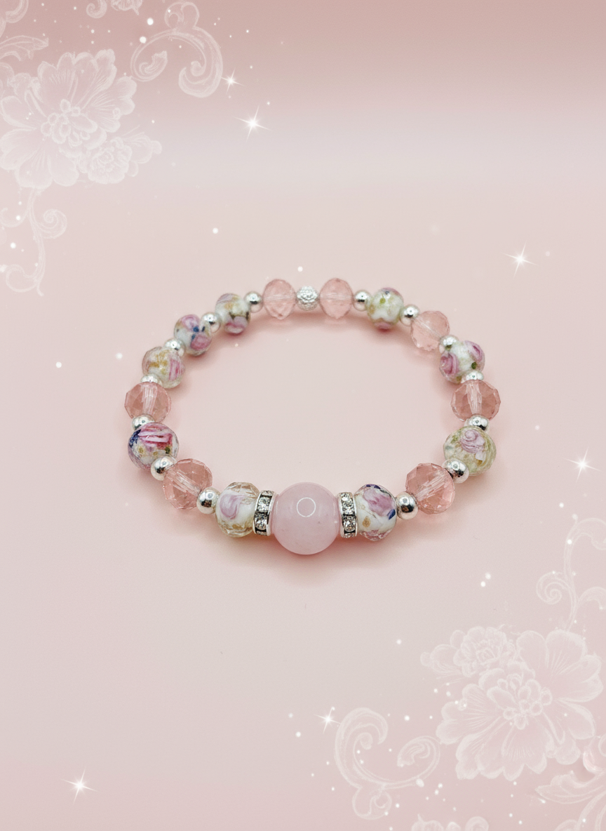 Rose Quartz Lampwork Floral Bracelet - Enhanced