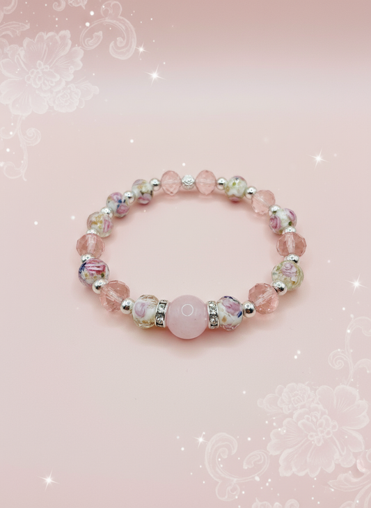 Rose Quartz Lampwork Floral Bracelet - Enhanced