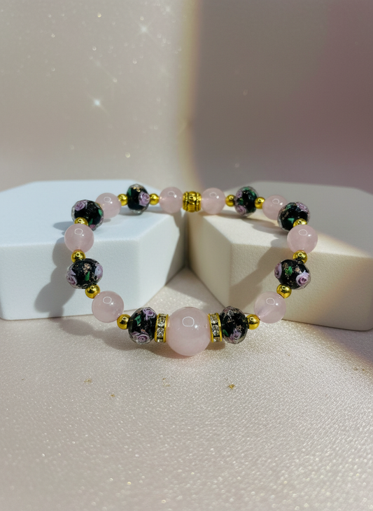 Rose Quartz Lampwork Flower Glass Gold Plated Hematite Bracelet - Enhanced