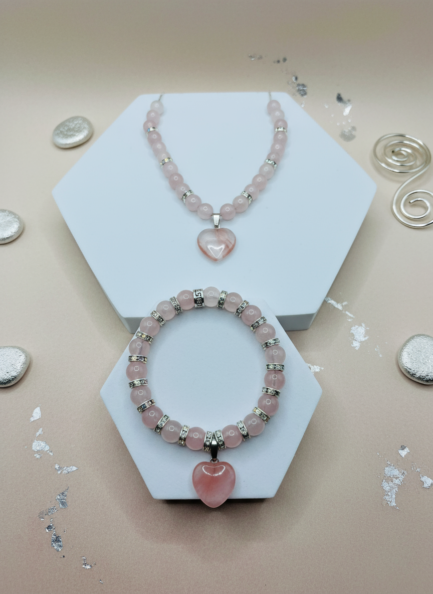 Rose Quartz Necklace Bracelet Set - Realistic Style