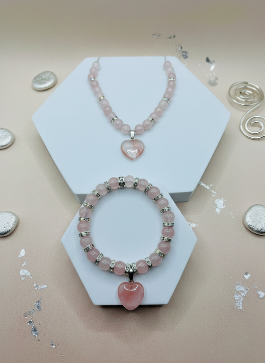 Rose Quartz Necklace Bracelet Set - Realistic Style