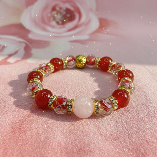 Rose Quartz Red Carnelian Lampwork Floral Bracelet - Enhanced