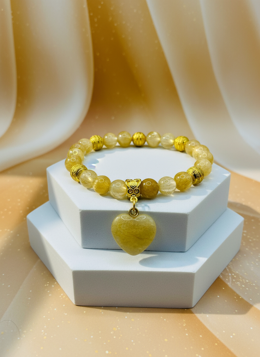 Rutilated Quartz 18K Gold Heart Charm Bracelet - Enhanced