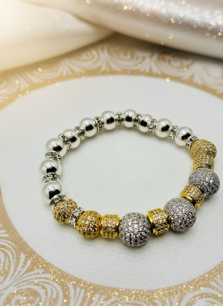 Silver Plated Hematite Gold Silver Cubic Zirconia Bracelet - Enhanced