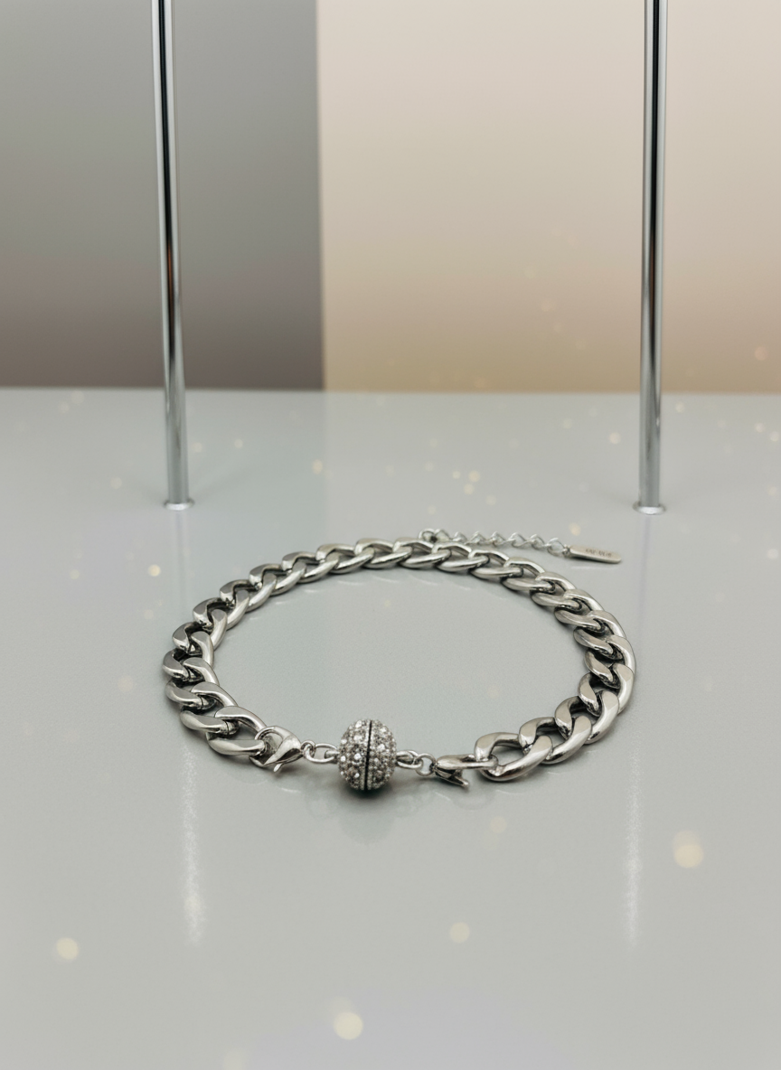 Silver Stainless Steel Cuban Link Magnetic Clasp Bracelet - Enhanced