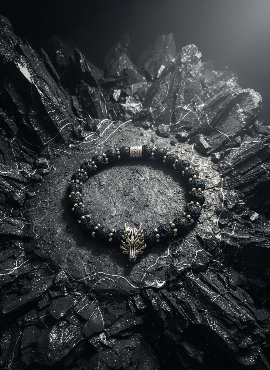 Silver Wolf Lava Rock Goth Bracelet - Enhanced