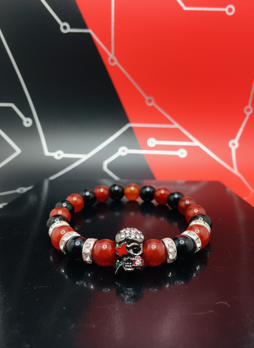 Sugar Skull Black Onyx Red Carnelian Bracelet - Enhanced