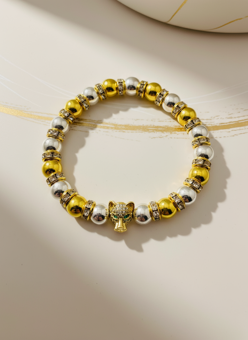 Tiger Charm Gold Silver Hematite CZ Bracelet - Enhanced