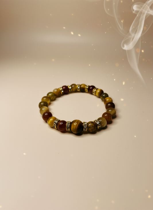 Tigers Eye Agate Gold Rhinestone Spacers Bracelet - Enhanced