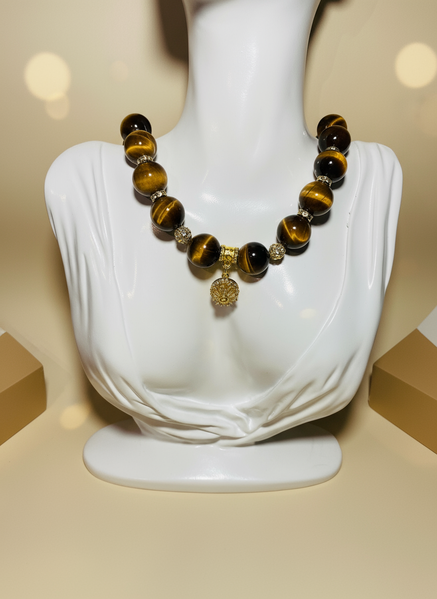 Tigers Eye Gold Sunflower Charm Necklace - Enhanced