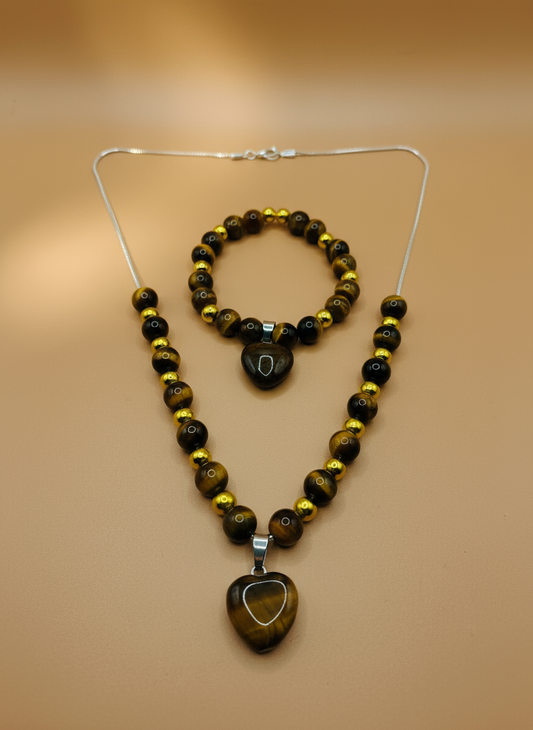 Tiger's Eye Heart Necklace Bracelet Set - Enhanced Background