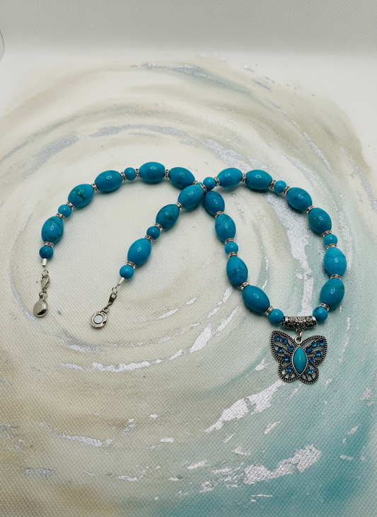 Turquoise Butterfly Pendant Rhinestone Necklace - Enhanced
