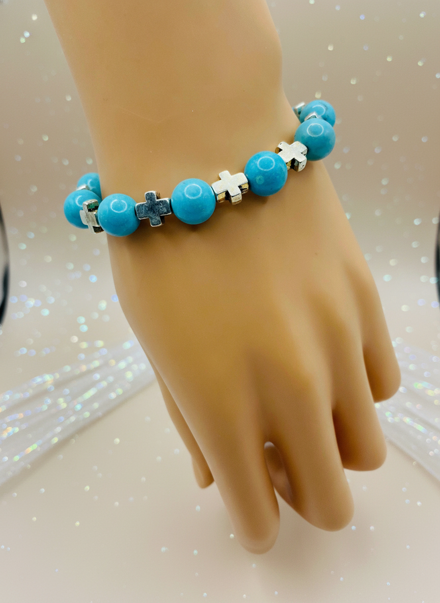 Turquoise Cross Religious Silver Charm Bracelet - Enhanced