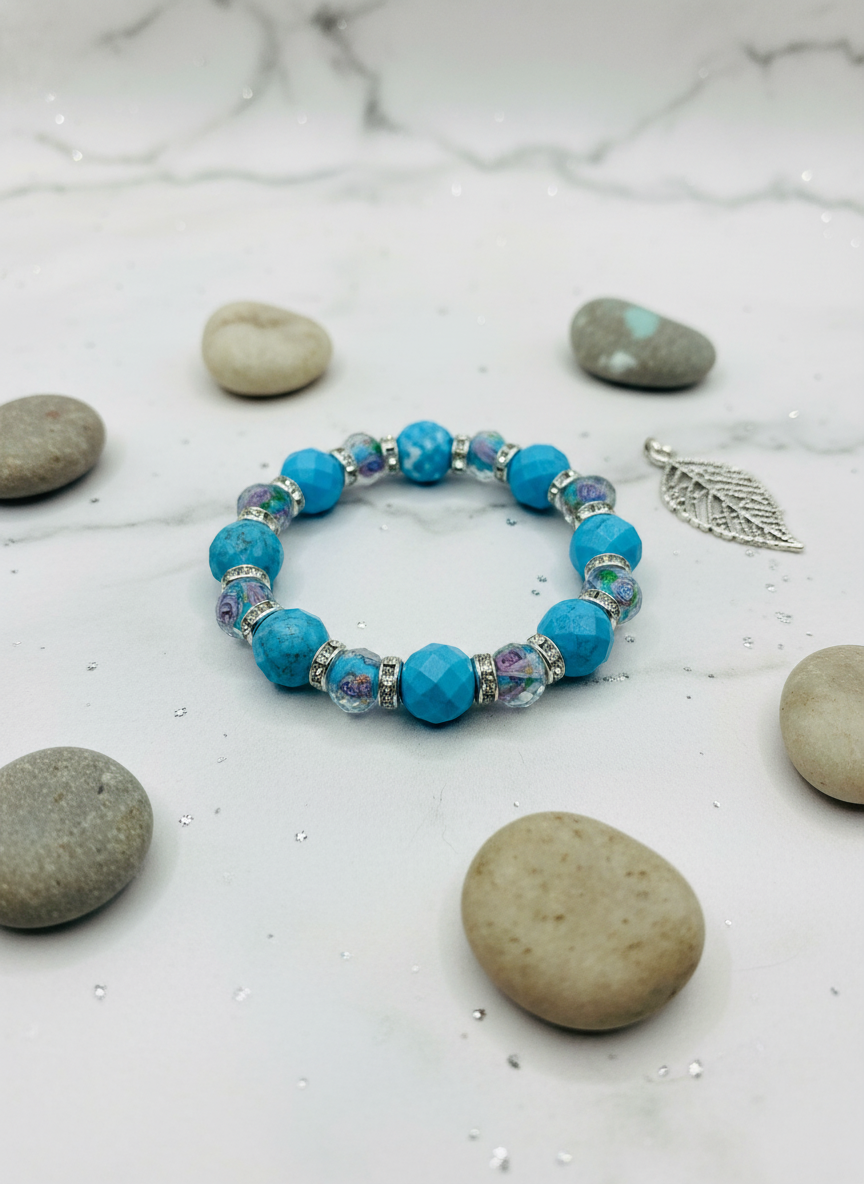 Turquoise Lampwork Flower Glass Beads Custom Bracelet - Enhanced