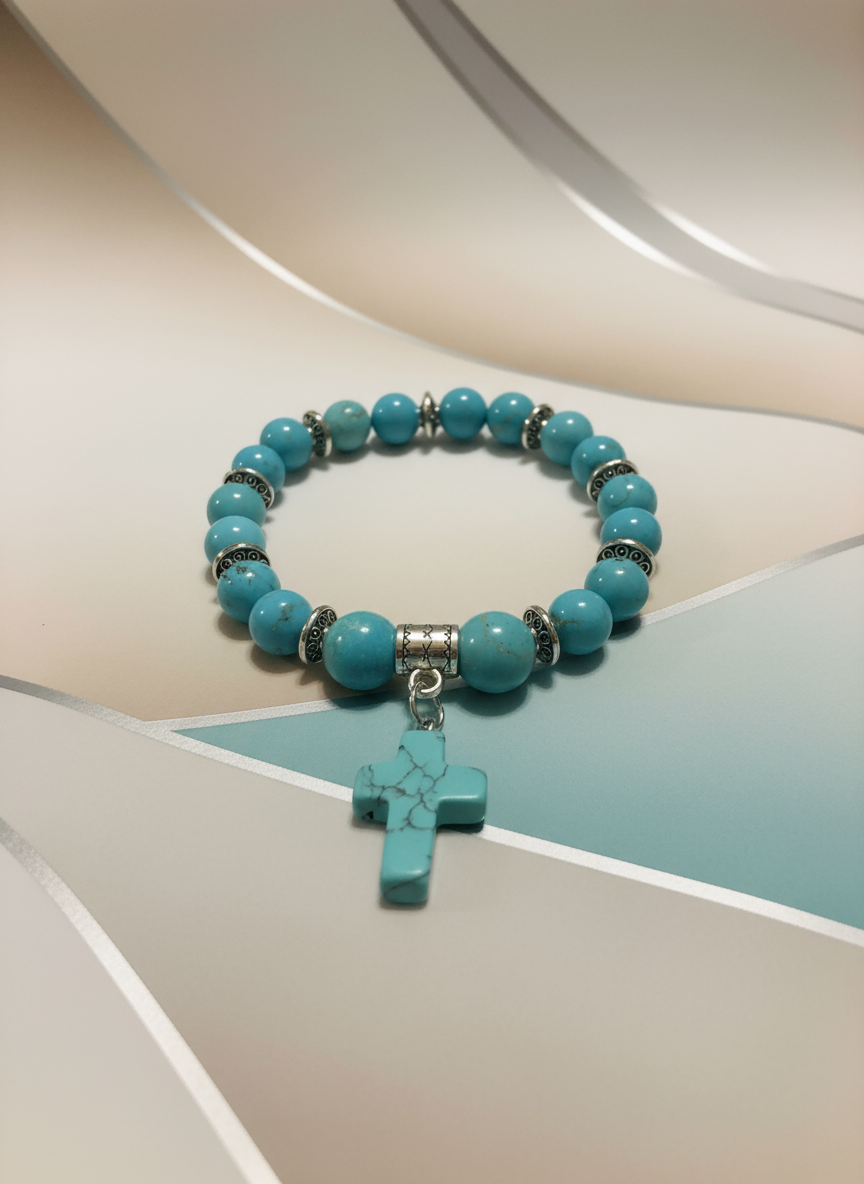 Turquoise Mens Religious Cross Charm Bracelet - Enhanced