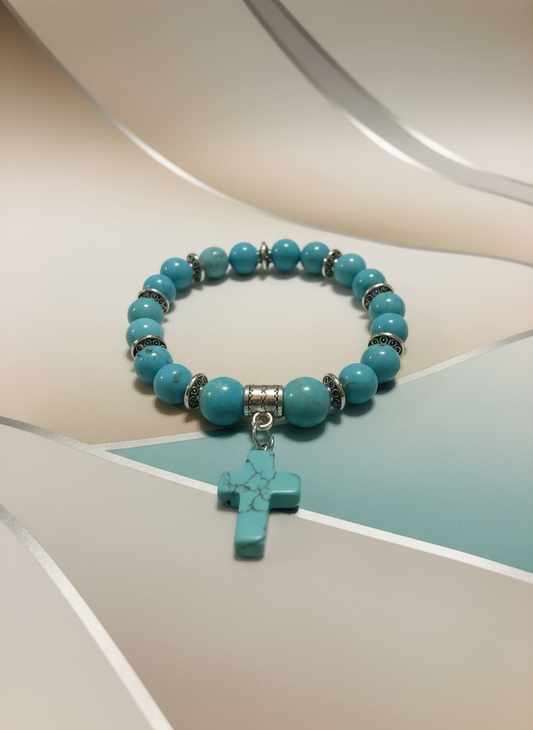 Turquoise Mens Religious Cross Charm Bracelet - Enhanced