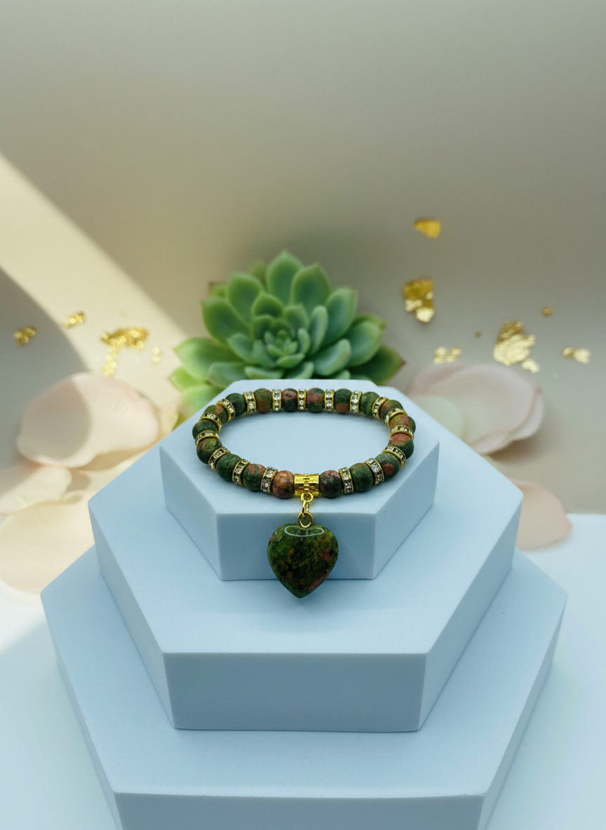 Unakite Heart Charm Gemstone 18K Gold Accents Bracelet - Enhanced