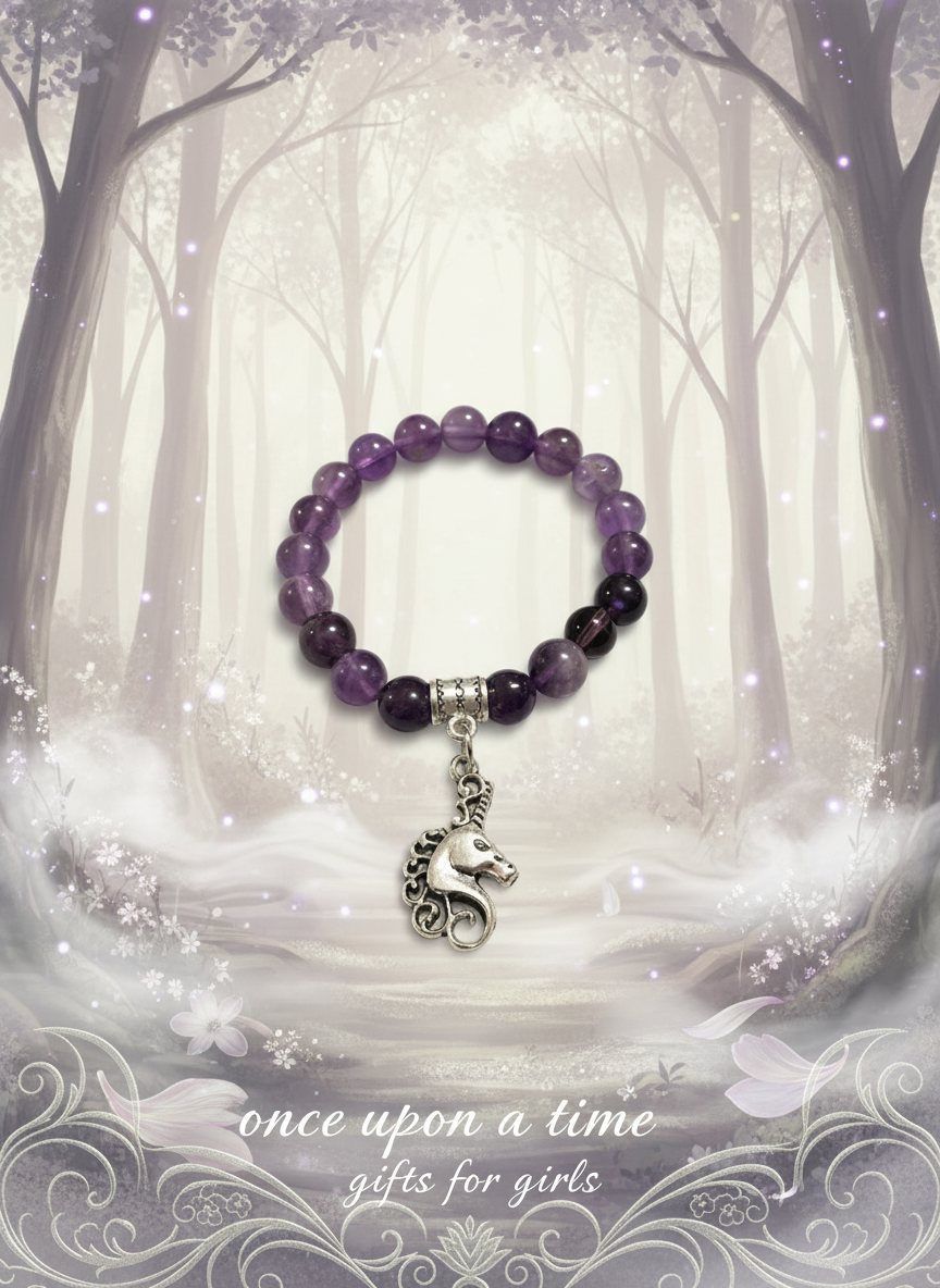 Unicorn Amethyst Gemstone Charm Bracelet Once Upon a Time - Enhanced