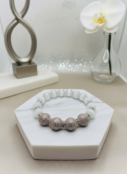 White Cats Eye Silver CZ Rhinestone Rondelles Bracelet - Enhanced