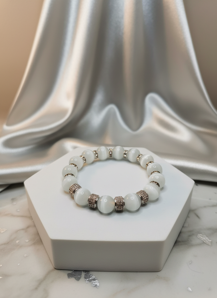 White Cats Eye Silver Zirconia Rhinestone Bracelet - Enhanced