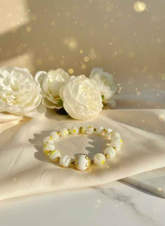 White Jade Millefiori Lampwork Glass 18K Gold Plated Bracelet - Enhanced