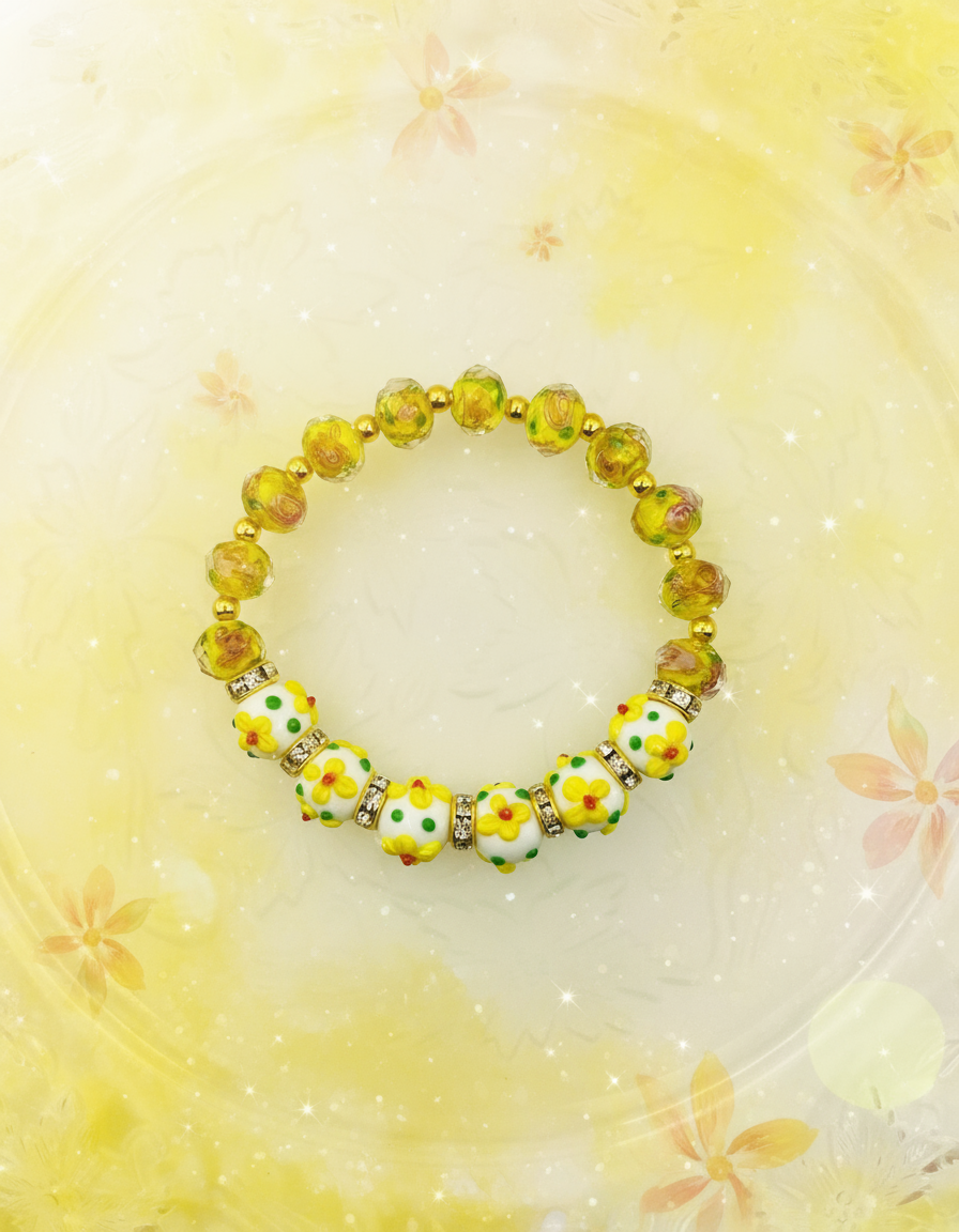 Yellow Flower Lampwork Glass Bracelet - Enhanced